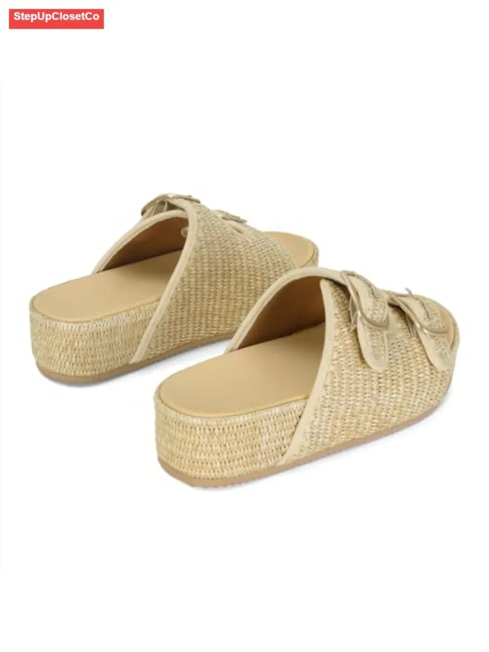 Women's Platform Sandals with Double Buckle Strap, Woven Straw Espadrille